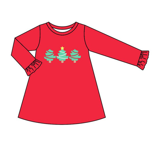Preorder GLD0572 Merry Christmas green tree red long sleeve girls dress