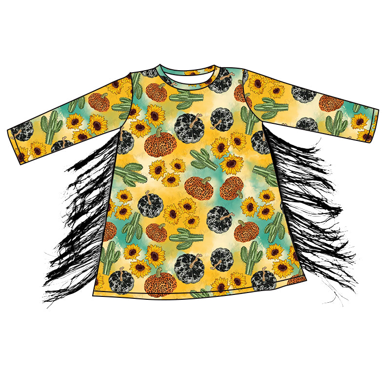 Preorder GLD0597 sunflowers pumpkin cactus yellow long sleeve tassels girls dress