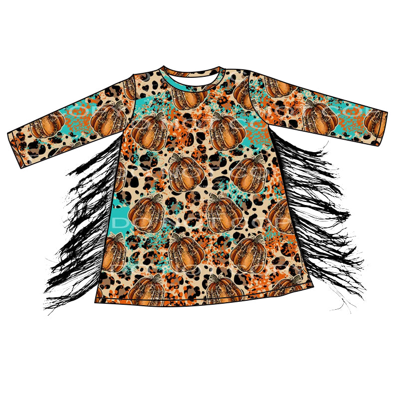 Preorder GLD0598 brown pumpkin leopard tassels long sleeve girls dress