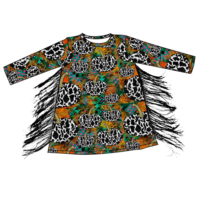 Preorder GLD0599 cow print flowers tassels long sleeve girls dress