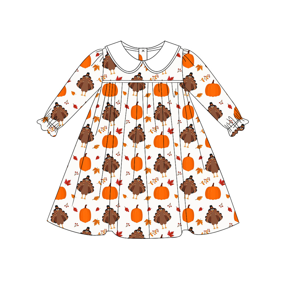 Preorder GLD0607 Thanksgiving turkey pumpkin long sleeve girls dress