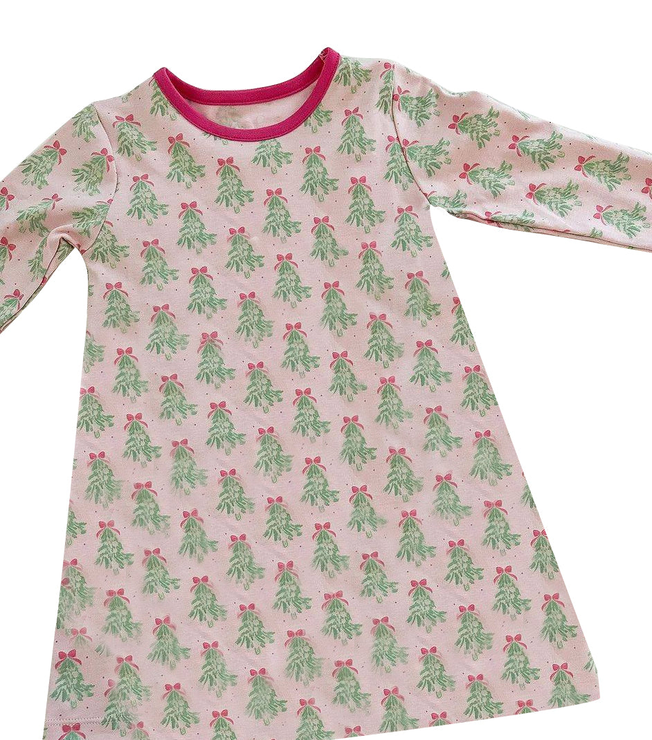 Preorder GLD0616 Christmas tree bows pink long sleeve girls dress