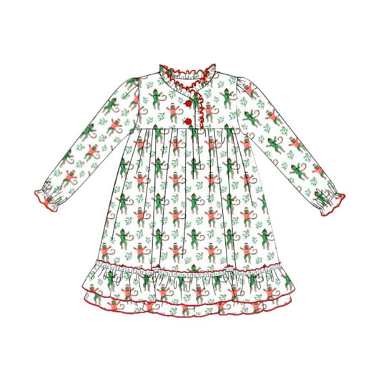 Preorder GLD0623 Christmas happy monkey long sleeve girls dress