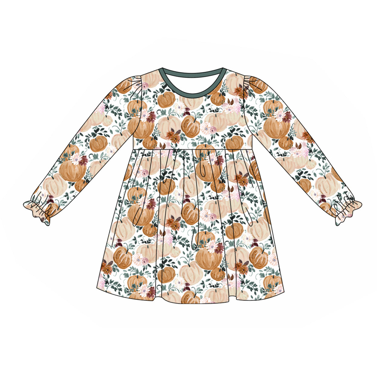 Preorder GLD0625 Autumn fall pumpkin flowers long sleeve girls dress
