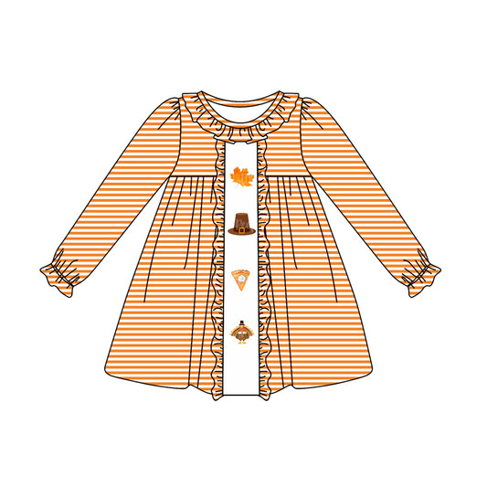Preorder GLD0627 Thanksgiving turkey pie orange striped long sleeve girls dress