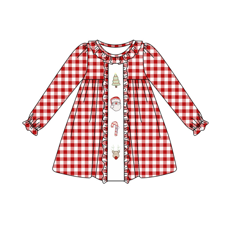 Preorder GLD0634 Christmas Santa tree red checkered long sleeve girls dress