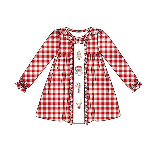 Preorder GLD0634 Christmas Santa tree red checkered long sleeve girls dress