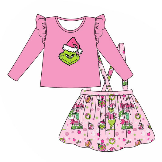 Preorder GLD0641 Christmas green face pink long sleeve skirt girls set