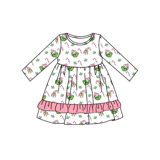 Preorder GLD0643 Christmas cane candy green face pink long sleeve girls dress