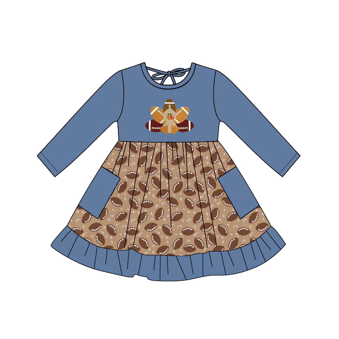 Preorder GLD0644 Thanksgiving turkey football blue pockets long sleeve girls dress