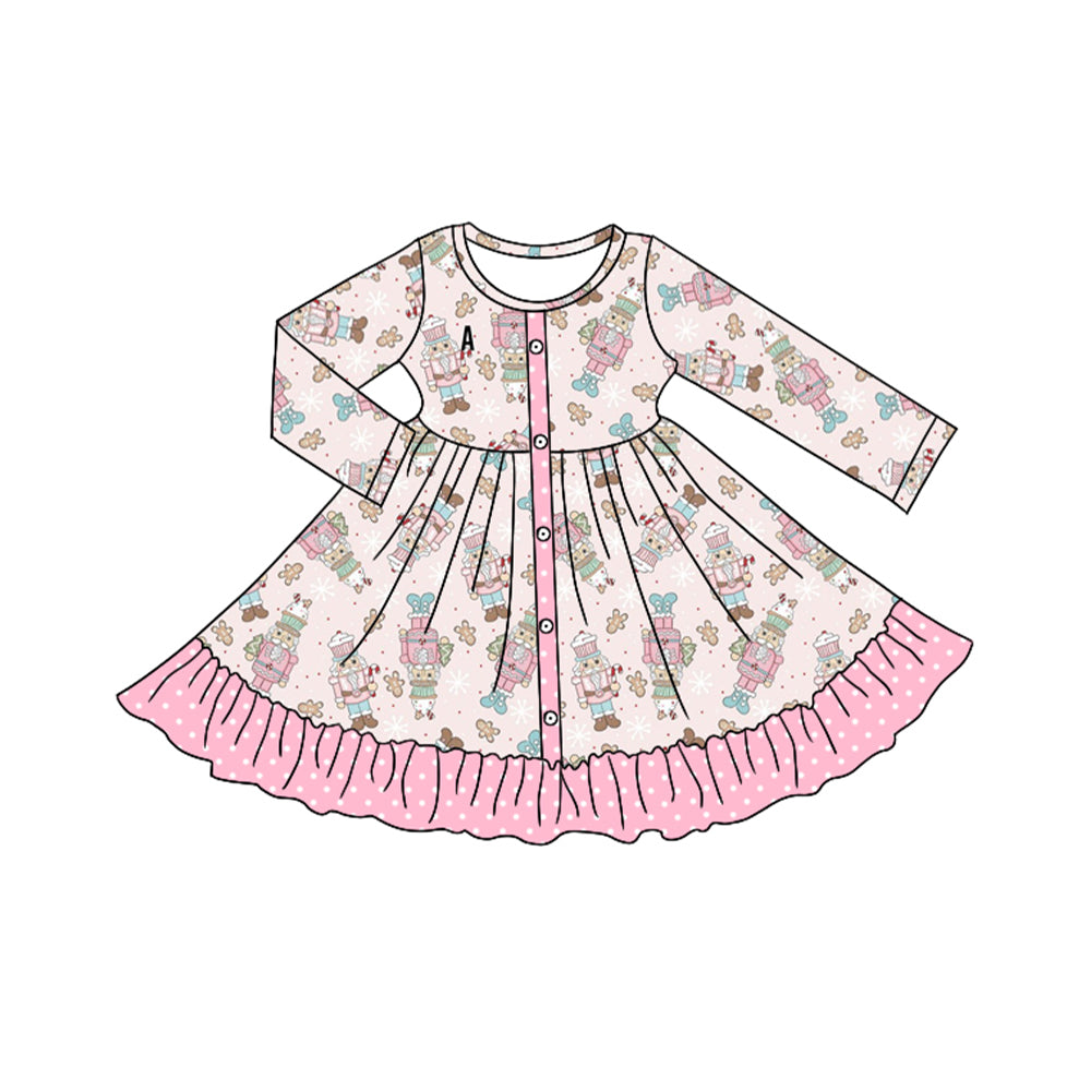 Preorder GLD0645 Christmas soldier pink gingerbread man long sleeve girls dress