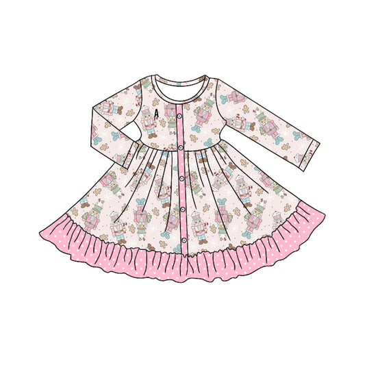 Preorder GLD0645 Christmas soldier pink gingerbread man long sleeve girls dress