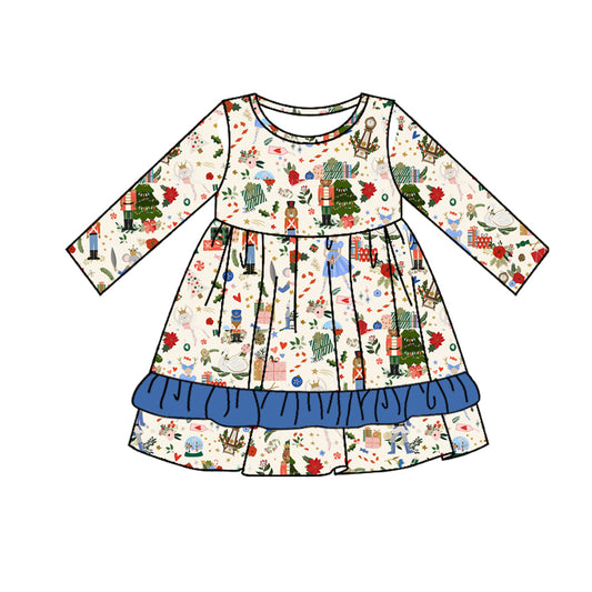 Preorder GLD0649 Christmas cartoon soldier blue long sleeve girls dress