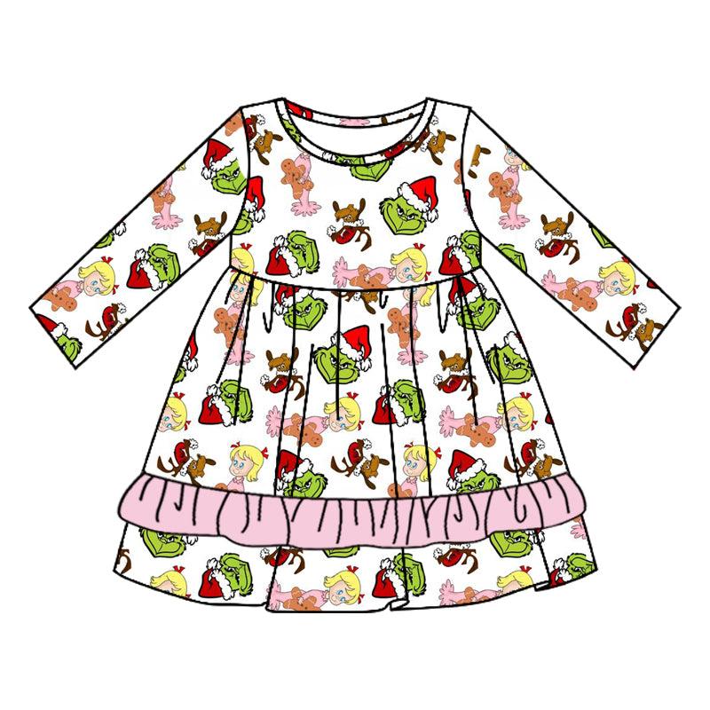 Preorder GLD0650 Christmas green face girl pink long sleeve girls dress
