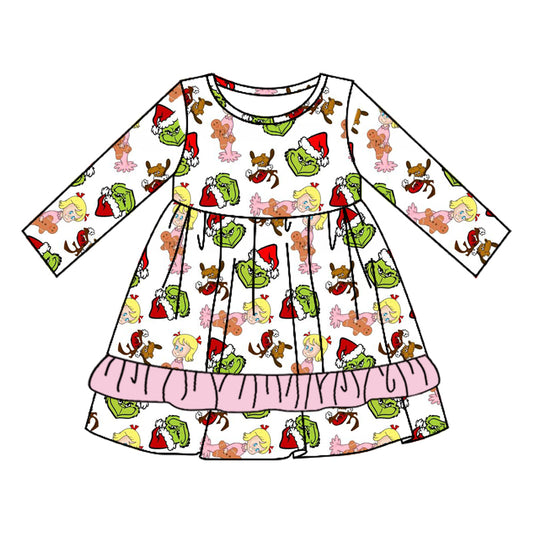 Preorder GLD0650 Christmas green face girl pink long sleeve girls dress