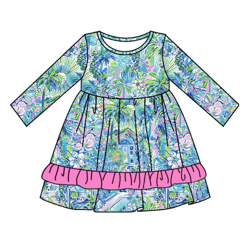 Preorder GLD0653 colorful house flowers blue print hot pink long sleeve girls dress
