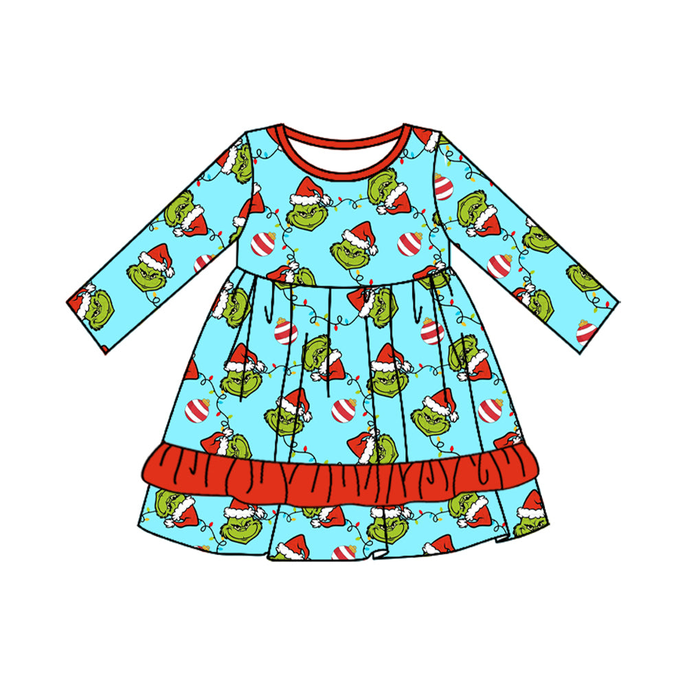 Preorder GLD0661 Christmas green face light blue long sleeve girls dress