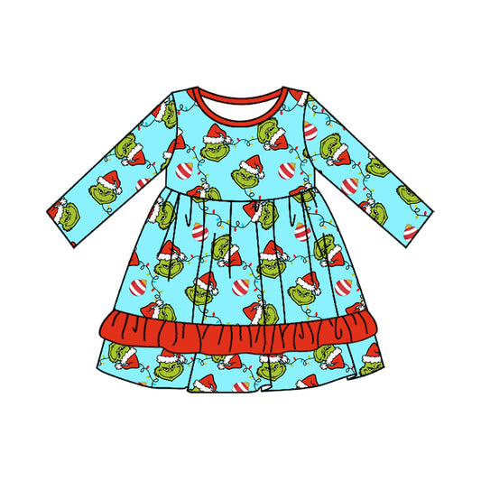 Preorder GLD0661 Christmas green face light blue long sleeve girls dress