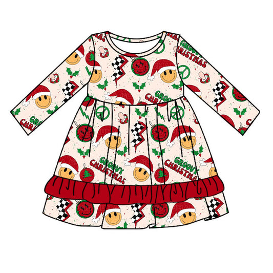 Preorder GLD0662 Christmas smile hat red long sleeve girls dress