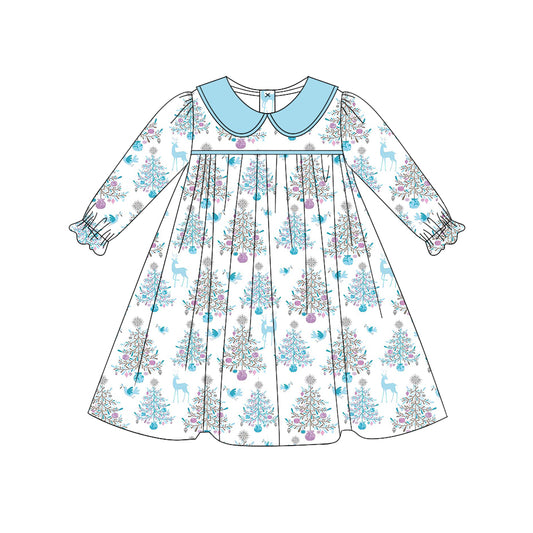 Preorder GLD0663 Christmas tree deer blue long sleeve girls dress