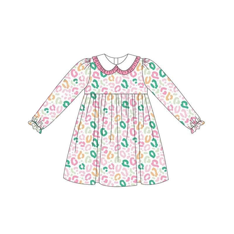 Preorder GLD0664 colorful pink leopard long sleeve girls dress