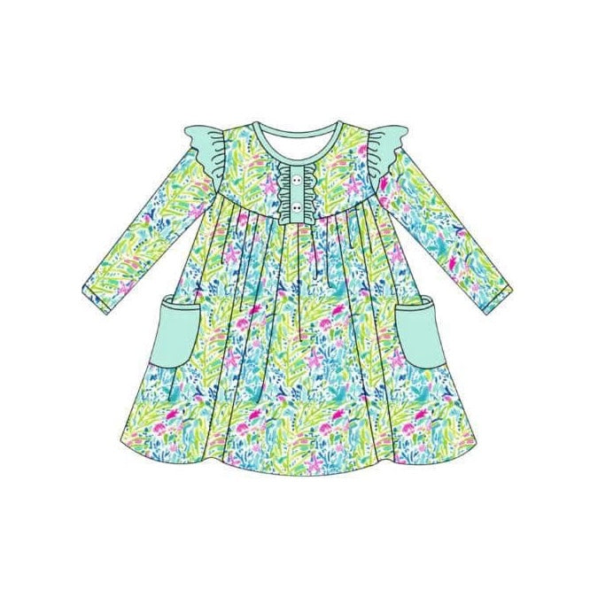 Preorder GLD0665 colorful flowers pockets green long sleeve girls dress