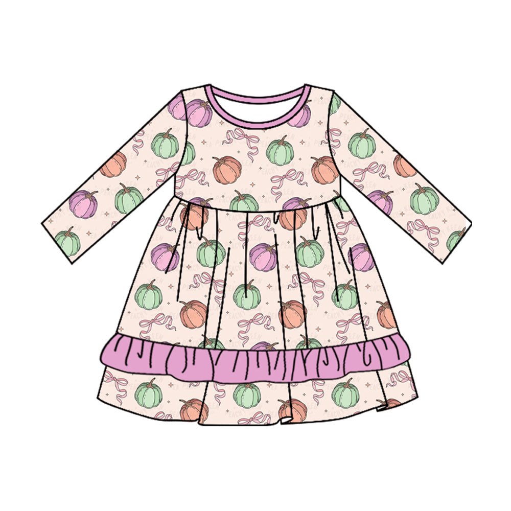 Preorder GLD0667 Autumn colorful pumpkin purple long sleeve girls dress