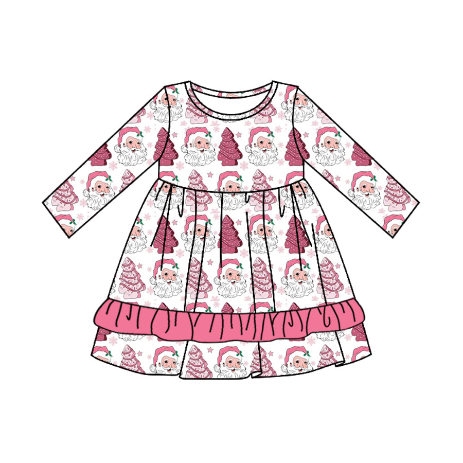 Preorder GLD0669 Christmas Santa tree hot pink long sleeve girls dress