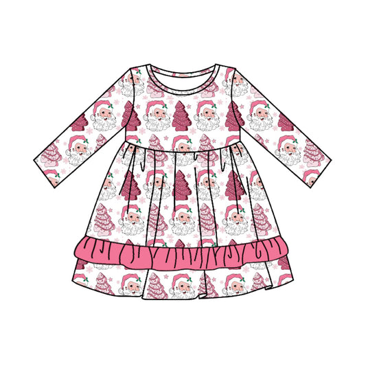 Preorder GLD0669 Christmas Santa tree hot pink long sleeve girls dress