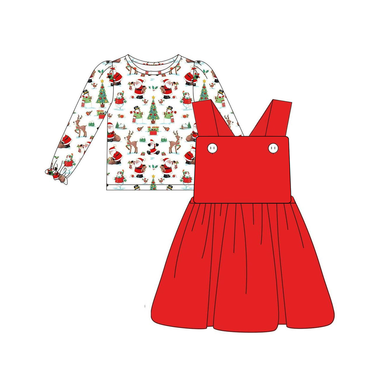 Preorder GLD0672 Christmas Santa deer long sleeve red dress girls 2pcs set