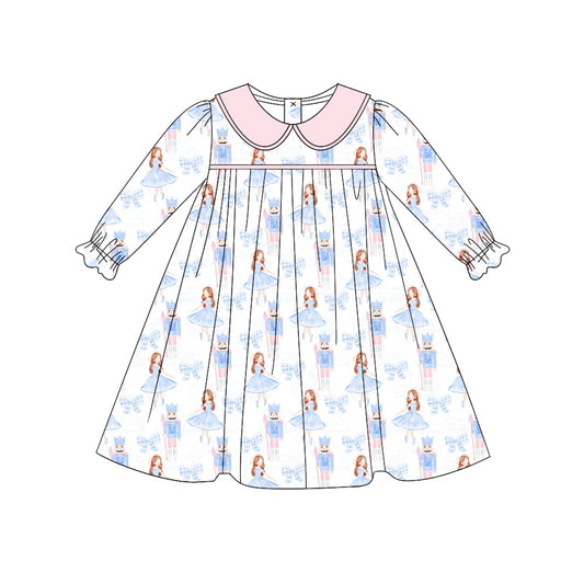 Preorder GLD0674 Christmas blue bows dance girl soldier long sleeve girls dress