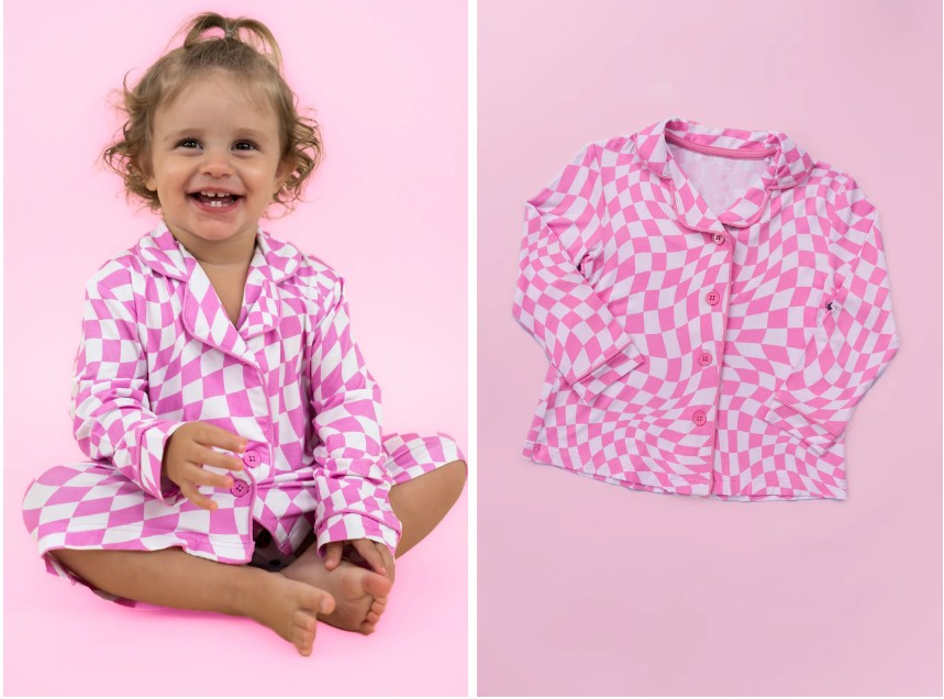 Preorder GLD0681 hot pink checkered long sleeve girls gown dress