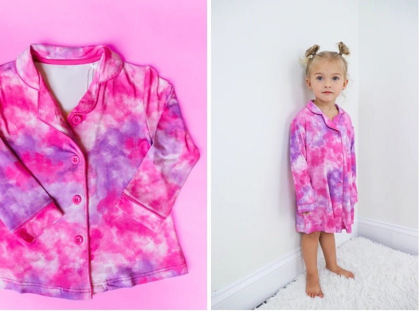 Preorder GLD0682 hot pink ink pattern long sleeve girls gown dress