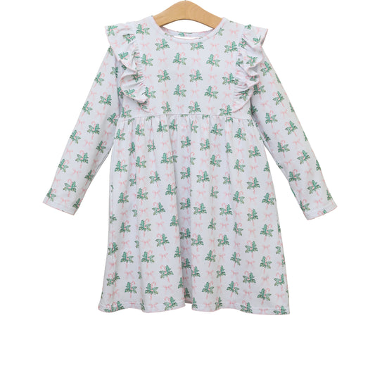 Preorder GLD0688 Christmas holly berry cane candy pink bows long sleeve girls dress