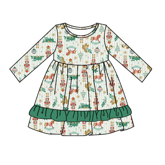 Preorder GLD0695 Christmas tree soldier green long sleeve girls dress