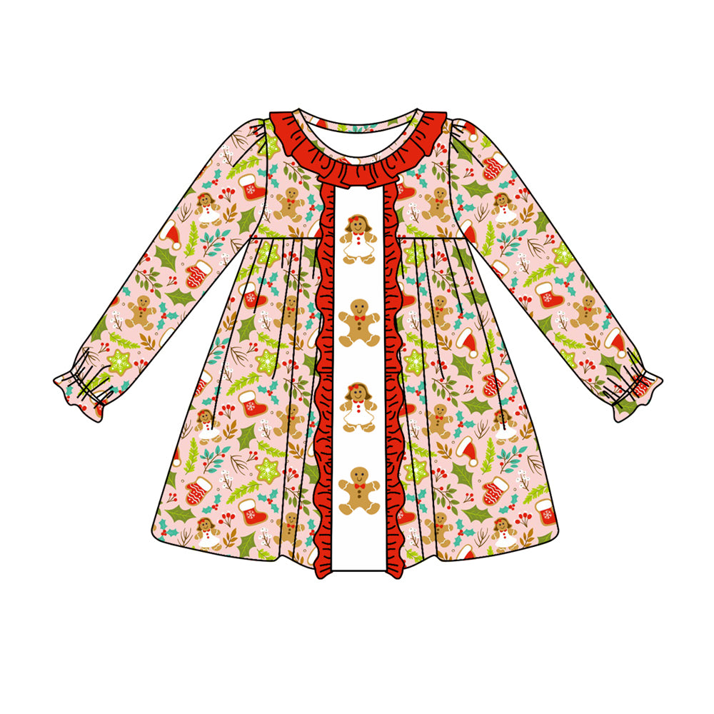 Preorder GLD0696 Christmas gingerbread man long sleeve girls dress