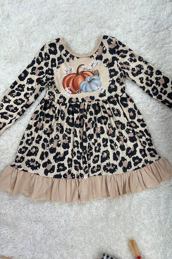 Preorder GLD0698 Autumn pumpkin leopard long sleeve girls dress