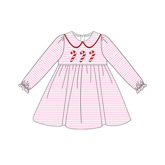 Preorder GLD0699 Christmas cane candy pink striped long sleeve girls dress