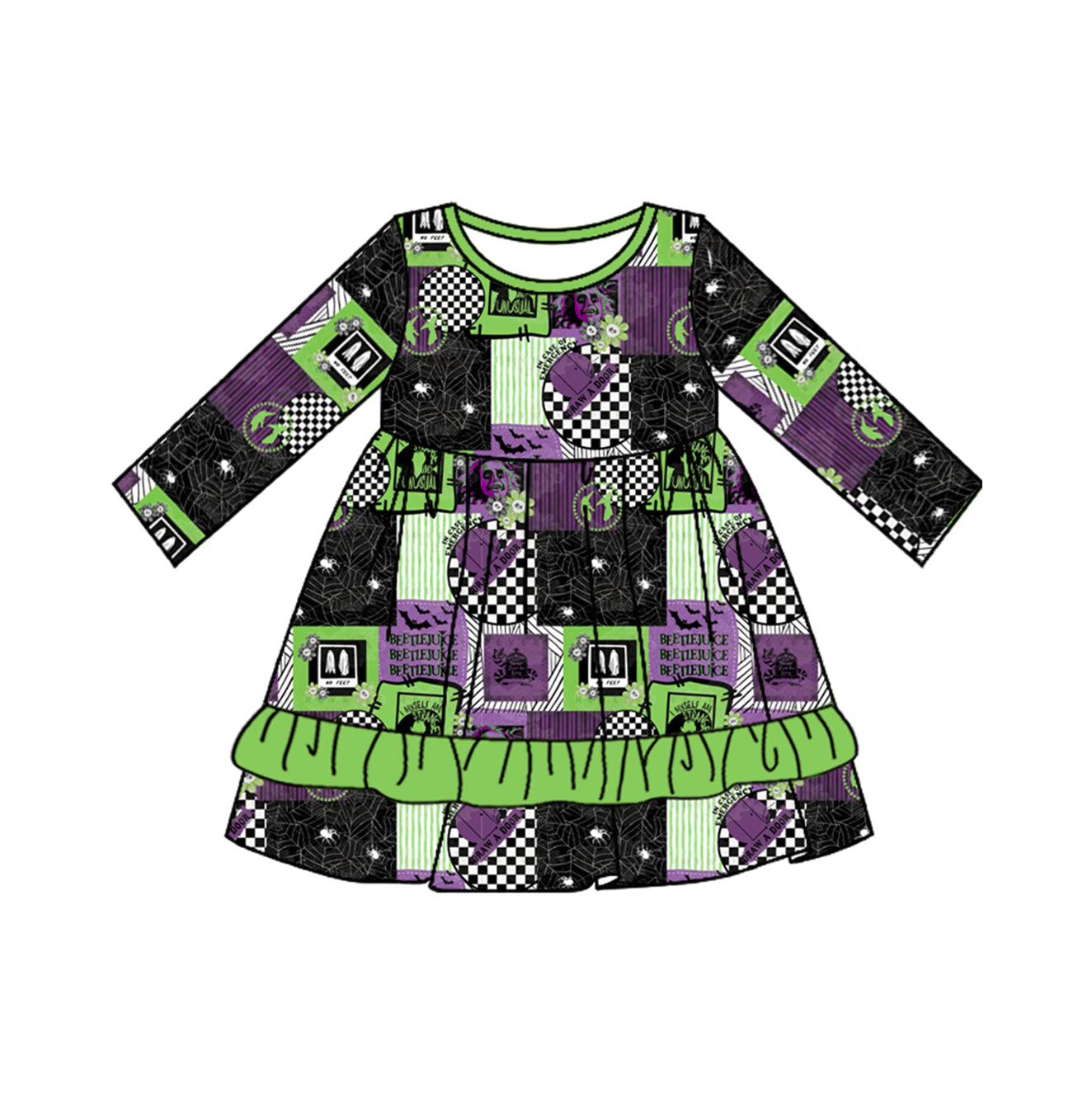 Preorder GLD0702 Halloween clown green purple printing long sleeve girls dress