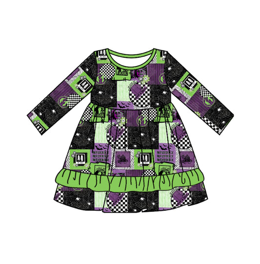 Preorder GLD0702 Halloween clown green purple printing long sleeve girls dress