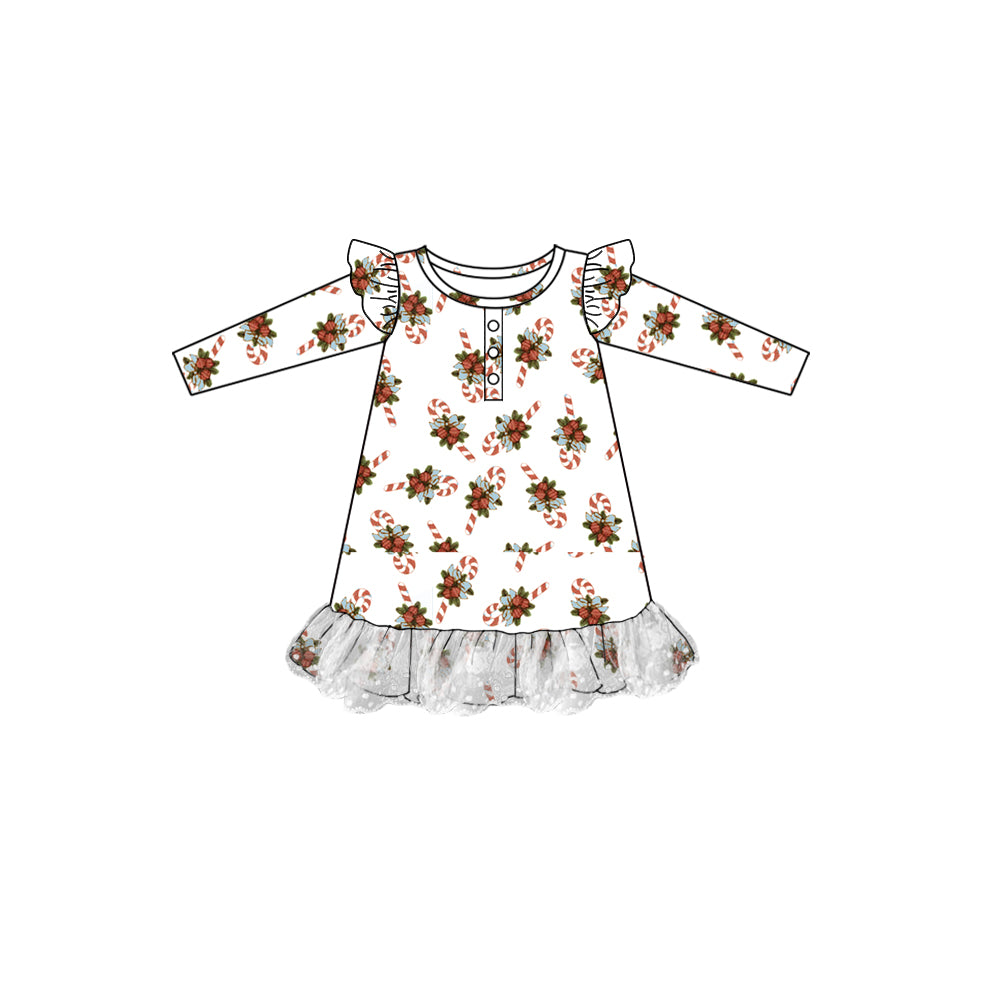 Preorder GLD0705 Christmas holly berry cane candy long sleeve girls dress