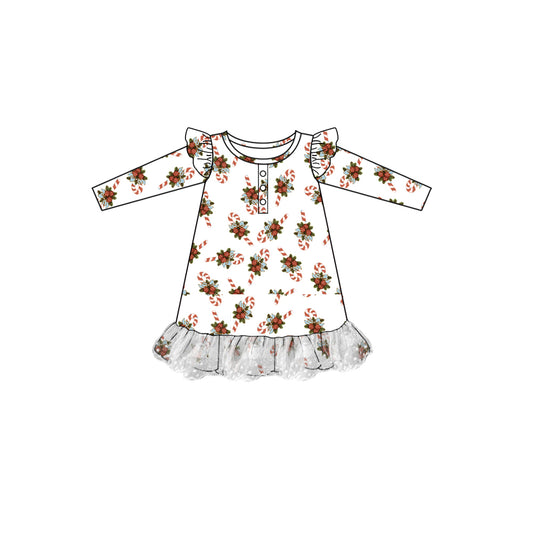 Preorder GLD0705 Christmas holly berry cane candy long sleeve girls dress