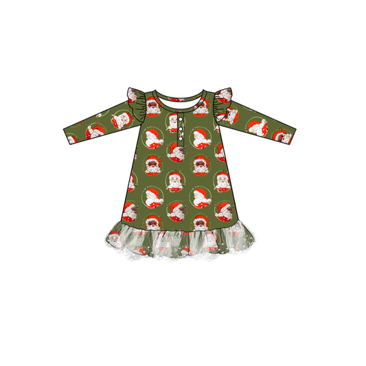 Preorder GLD0707 Christmas Santa dark green long sleeve girls dress