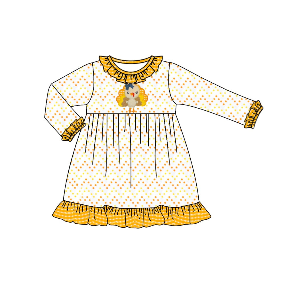 Preorder GLD0719 Thanksgiving turkey dot long sleeve girls dress
