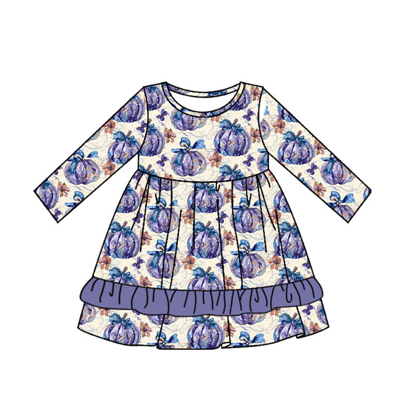 Preorder GLD0728 purple pumpkin flowers long sleeve girls dress