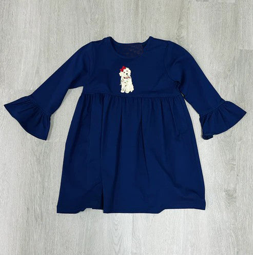 Preorder GLD0733 Christmas dog light navy blue long sleeve girls dress