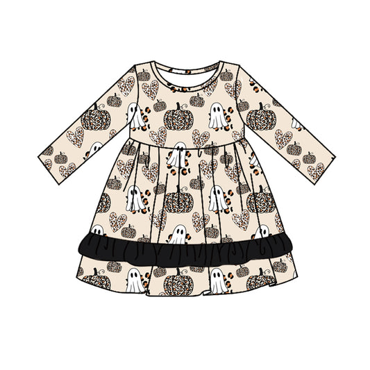 Preorder GLD0736 Halloween spooky pumpkin leopard long sleeve girls dress