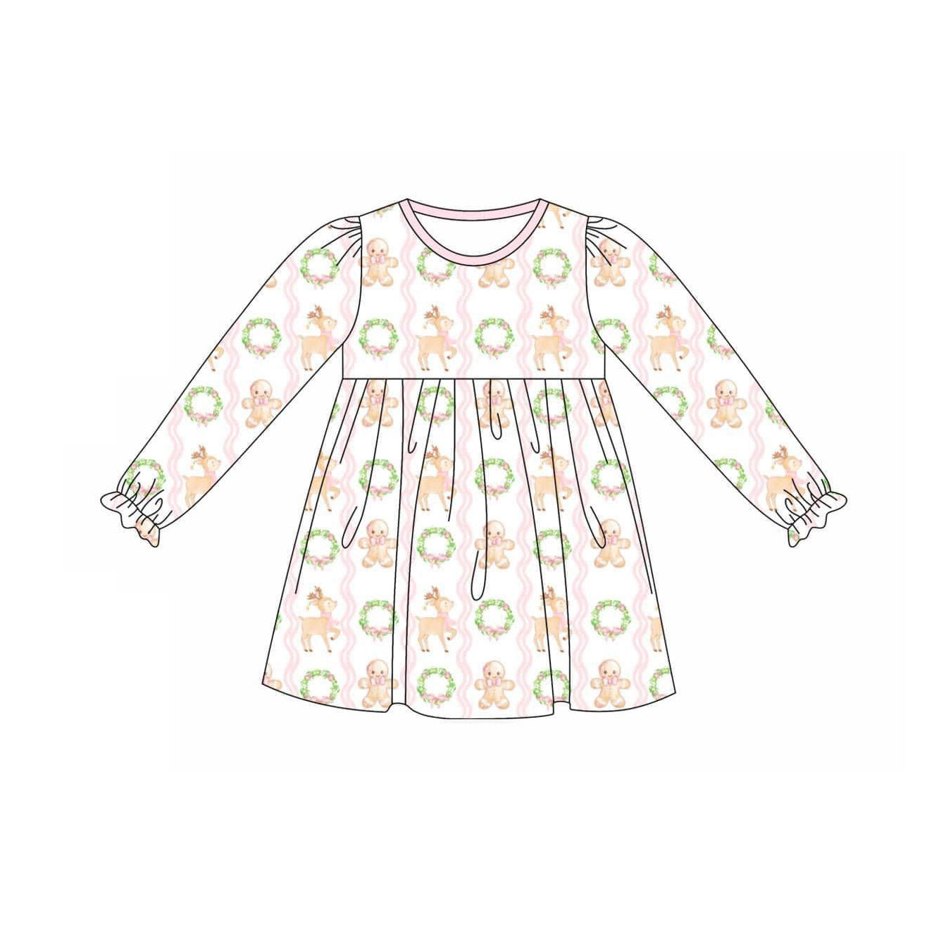 Preorder GLD0739 Christmas gingerbread man deer flowers pink long sleeve girls dress