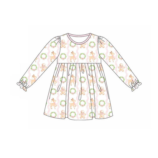 Preorder GLD0739 Christmas gingerbread man deer flowers pink long sleeve girls dress