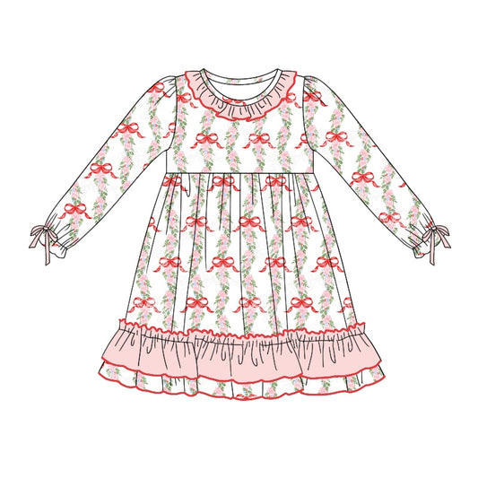Preorder GLD0741 Christmas red bows flowers long sleeve girls dress